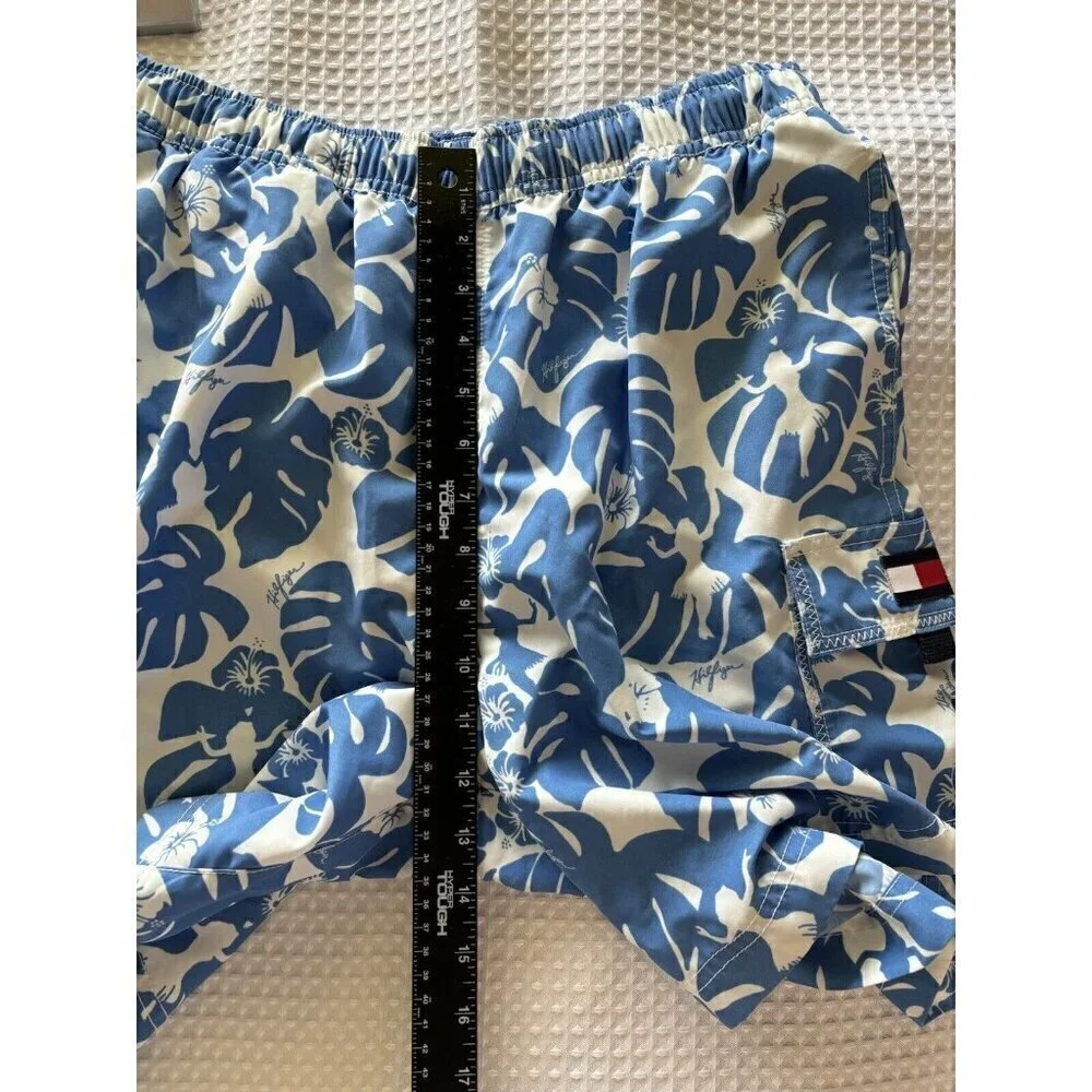 Tommy Hilfiger Mens Medium Blue White Tropical Hula Girl Print Swim Short Trunks